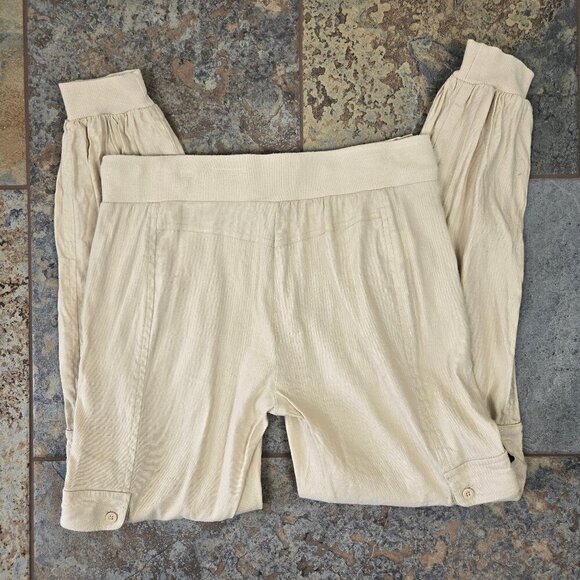 Bebe Sz 2 Cream Linen Blend Pull On Casual Cargo Pants Drawstring Waist Pockets - Picture 9 of 14